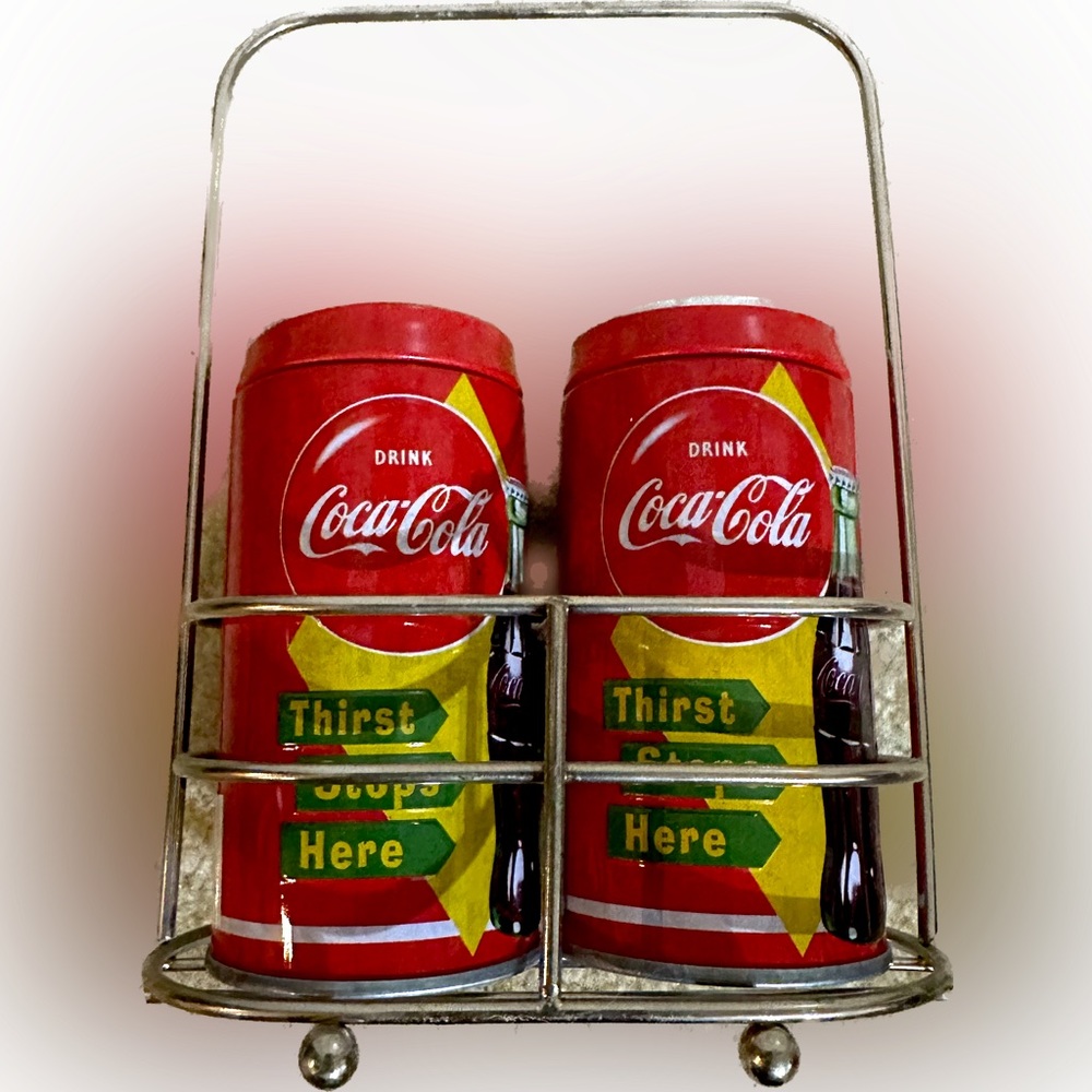 COCA-COLA Drink Thirst Stops Here 3-PC Set METAL TIN SALT & PEPPER SHAKERS CADDY
